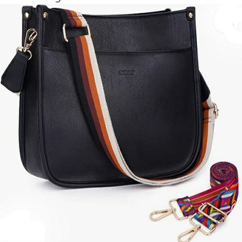 HKCLUF VEGAN LEATHER BLACK CROSSBODY WITH EXTRA GUITAR STRAP NWT.